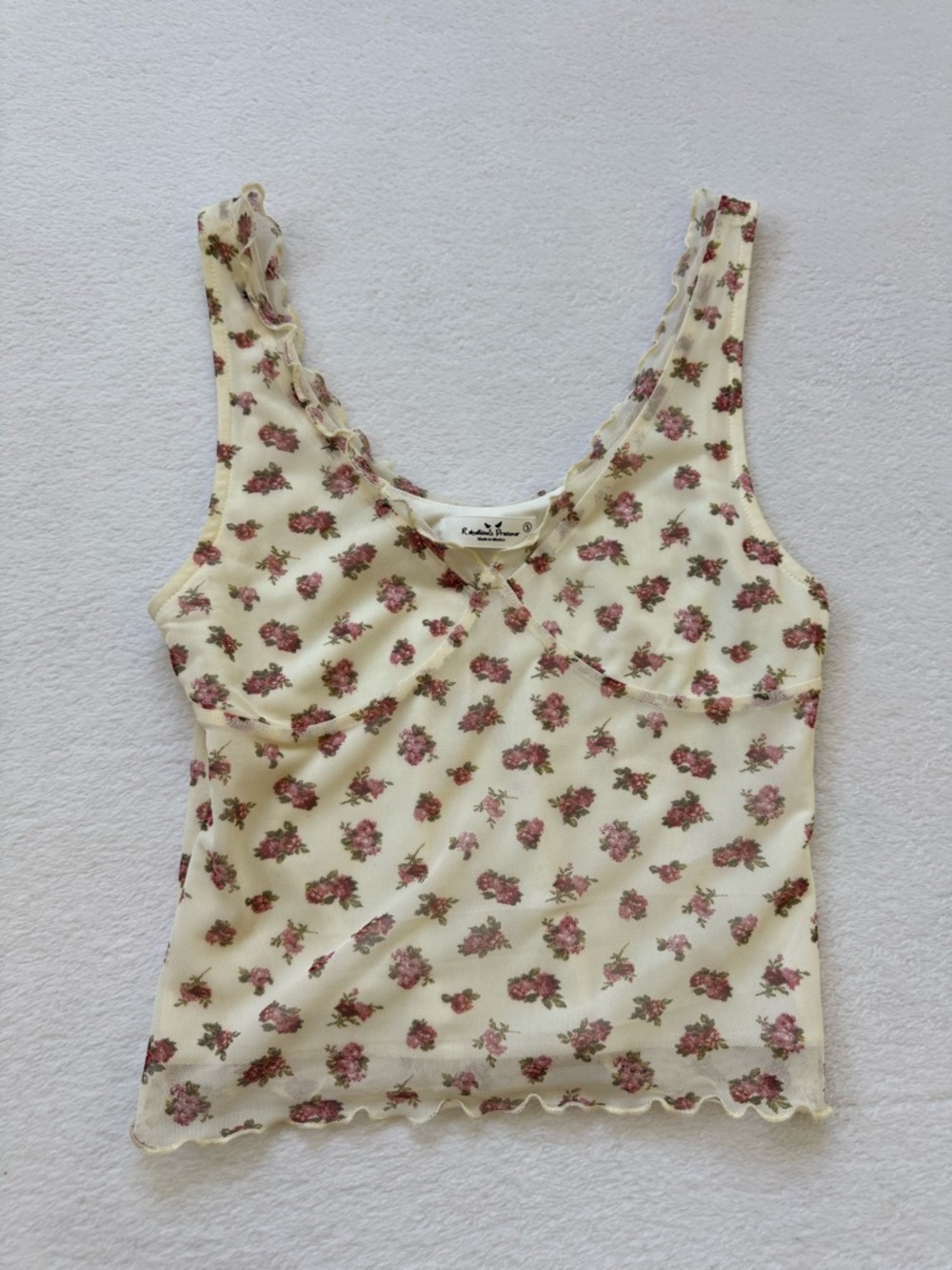 Floral Lace-Trim Tank Top - Cream with Pink Rose Print